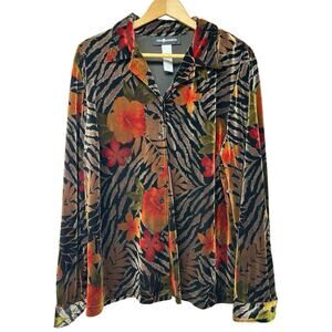 Vintage Sag Harbor Animal Print Sz XL Vibrant Floral Velvet Button Up Shirt Top